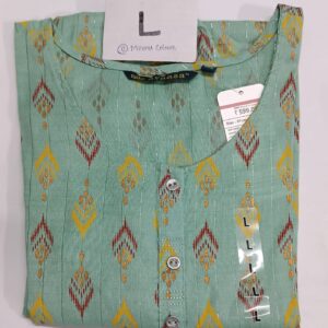 Avaasa light green rayon kurti with red, yellow, and white printed motifs, buttoned placket, and side cut.