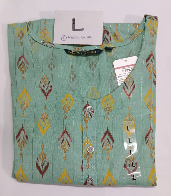 Avaasa light green rayon kurti with red, yellow, and white printed motifs, buttoned placket, and side cut.