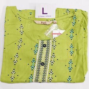 Siyahi mustard green rayon kurti with geometric print, side cut, and button placket