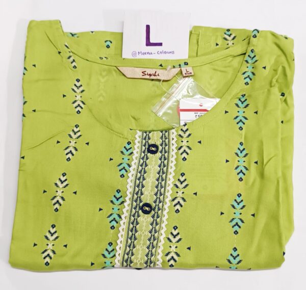 Siyahi mustard green rayon kurti with geometric print, side cut, and button placket