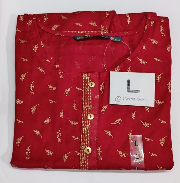 Avaasa red kurti with golden leaf print