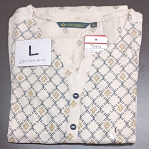 Avaasa white rayon kurti with blue and gold diamond motifs, V-neckline, button placket, and 3/4th sleeves