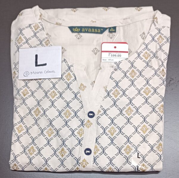 Avaasa white rayon kurti with blue and gold diamond motifs, V-neckline, button placket, and 3/4th sleeves