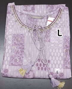 Avaasa lavender rayon kurti with floral and geometric prints, embroidered neckline, and braided tassel tie