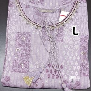 Avaasa lavender rayon kurti with floral and geometric prints, embroidered neckline, and braided tassel tie