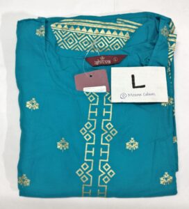 Turquoise rayon kurta with golden embroidery featuring geometric and floral patterns