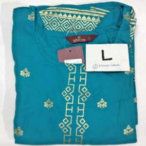 Turquoise rayon kurta with golden embroidery featuring geometric and floral patterns