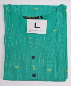 Light seal rayon sidecut kurti with grid pattern, yellow accents, round-neckline, black buttons, and 3/4th sleeves