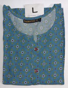 Blue Printed Rayon Kurti with floral and geometric prints, round neckline, and 3/4th sleeves.