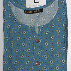 Blue Printed Rayon Kurti with floral and geometric prints, round neckline, and 3/4th sleeves.