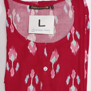 Red rayon kurti with multicolor printed motifs, round neckline, buttoned placket, and 3/4th sleeves.