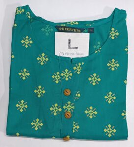 Green cotton sidecut kurti in green with yellow geometric print. and 3/4th sleeves.