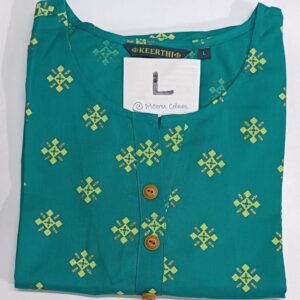 Green cotton sidecut kurti in green with yellow geometric print. and 3/4th sleeves.