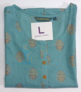 Turquoise rayon sidecut kurti with 3/4th sleeves and golden floral motifs