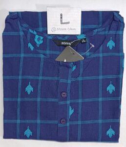 Blue cotton kurti with thread leaf embroidery, checkered pattern, sidecut, and 3/4th sleeves – Size L