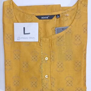 Mustard yellow Chanderi cotton kurti with golden floral threadwork, round neckline, lace trim, and 3/4th sleeves.