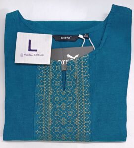 Teal blue cotton kurti with golden embroidery and 3/4th sleeves.