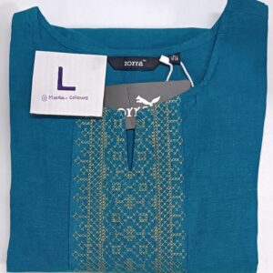 Teal blue cotton kurti with golden embroidery and 3/4th sleeves.
