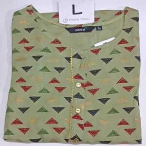 Rayon sidecut kurti with multicolor triangle print and 3/4th sleeves