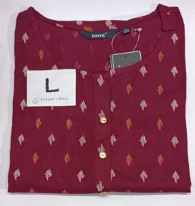 Maroon rayon kurti with white-orange motifs, sidecut, and 3/4th sleeves