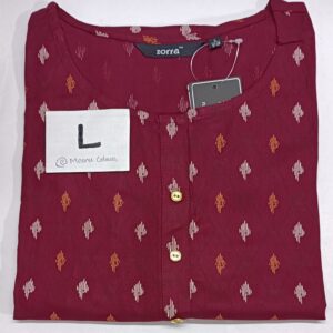 Maroon rayon kurti with white-orange motifs, sidecut, and 3/4th sleeves
