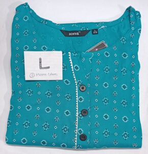 Teal rayon kurti with geometric print, zigzag button placket, 3/4th sleeves, and sidecut – Size L