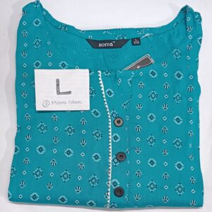 eal rayon kurti with geometric print, zigzag button placket, 3/4th sleeves, and sidecut – Size L