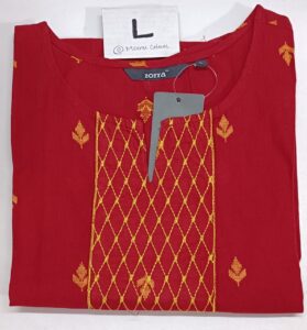 Red cotton kurti with yellow embroidery, 3/4th sleeves, side cut, and round neckline.
