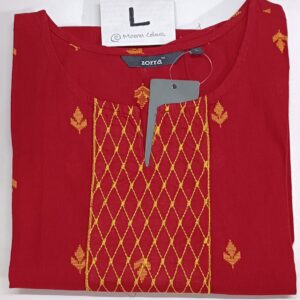 Red cotton kurti with yellow embroidery, 3/4th sleeves, side cut, and round neckline.
