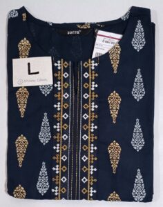 Navy blue cotton kurti with gold leaf print and 3/4th sleeves