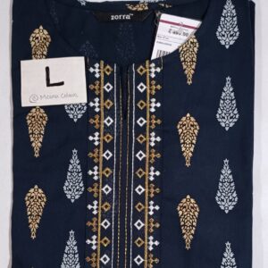 Navy blue cotton kurti with gold leaf print and 3/4th sleeves