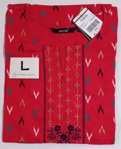 Vibrant Red rayon kurti with golden thread embroidery, floral motifs, sidecut, and 3/4th sleeves – Size L