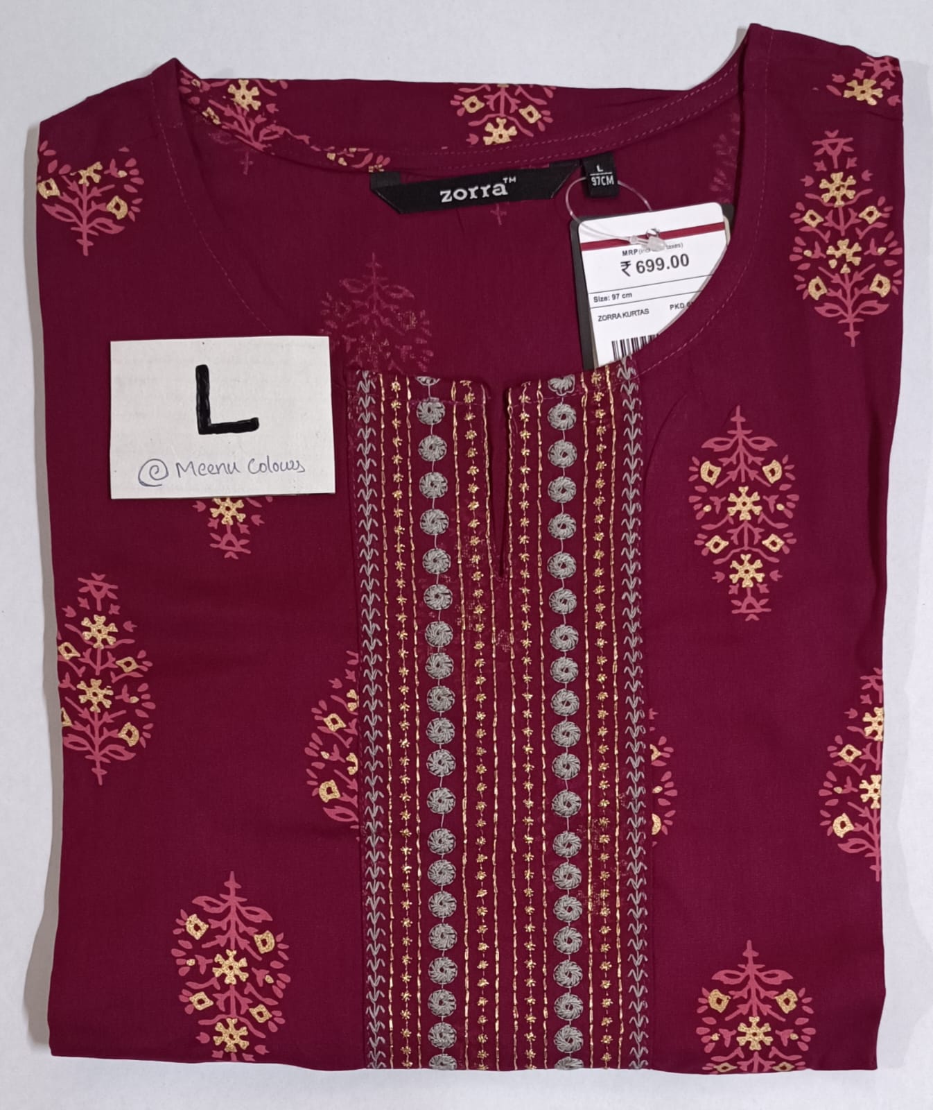 Maroon rayon kurti with embroidered floral panel, 3/4th sleeves, and sidecut