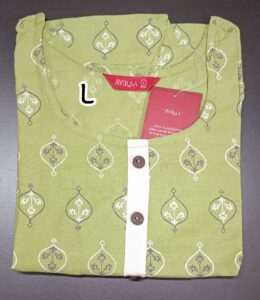 Green rayon kurti with white floral print, button placket, and 3/4th sleeves.