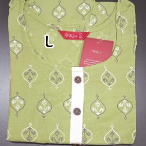 Green rayon kurti with white floral print, button placket, and 3/4th sleeves.