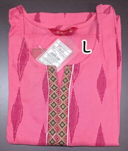 Pink rayon kurti with geometric print, sidecut, and 3/4th sleeves