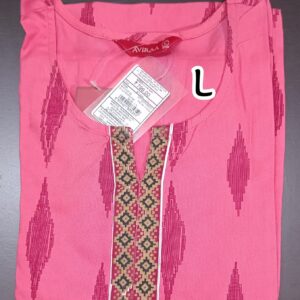 Pink rayon kurti with geometric print, sidecut, and 3/4th sleeves