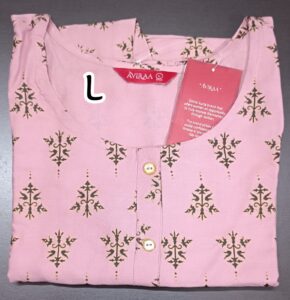 AVIRAA rayon sidecut kurti in pink with black-gold ethnic print and 3/4th sleeves