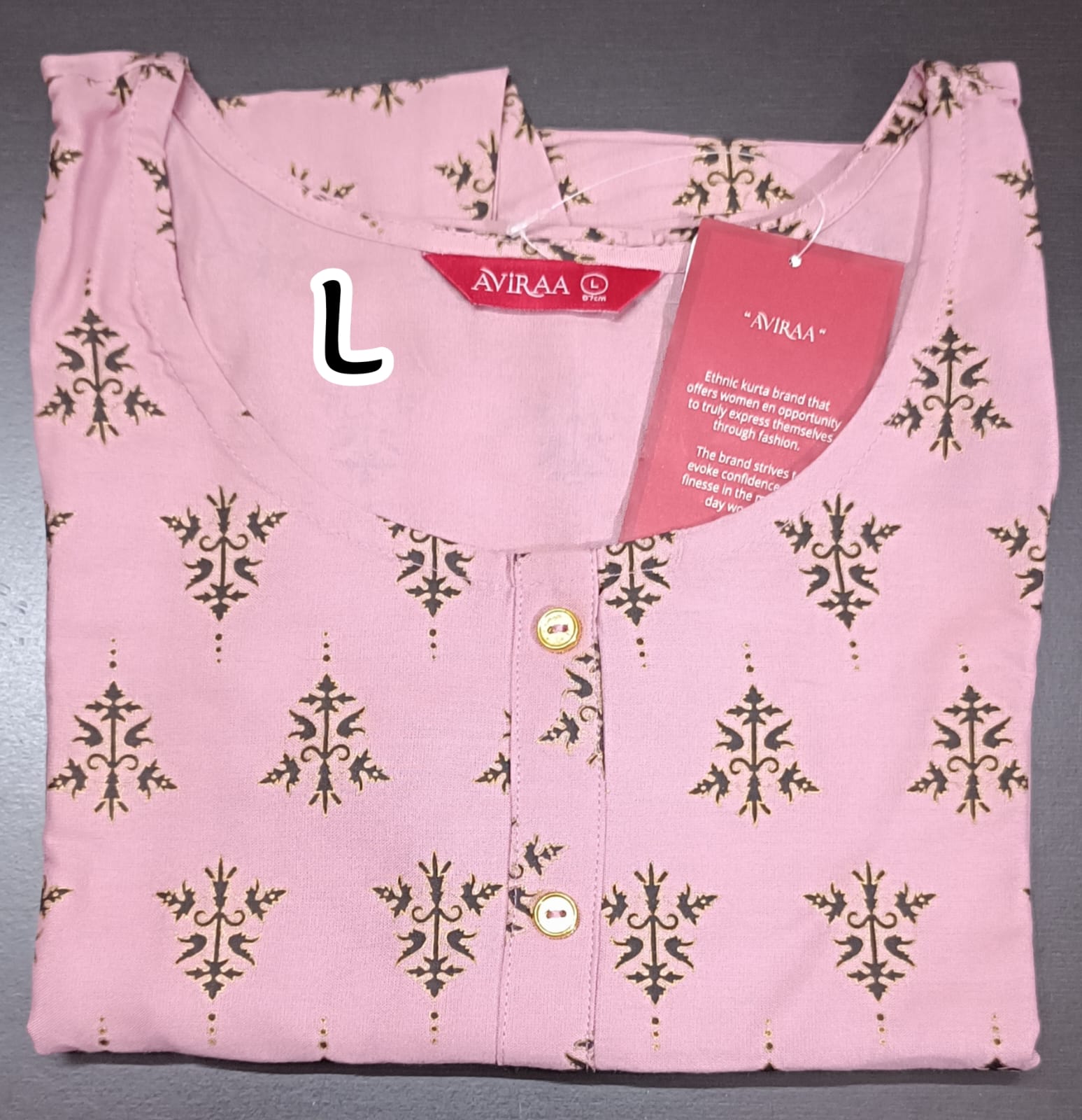 AVIRAA rayon sidecut kurti in pink with black-gold ethnic print and 3/4th sleeves