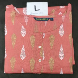 pink cotton kurti with white and gold leaf prints, round neckline, buttoned placket, and 3/4th sleeves.