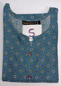 Blue Printed Rayon Kurti with floral and geometric prints, round neckline, and 3/4th sleeves.