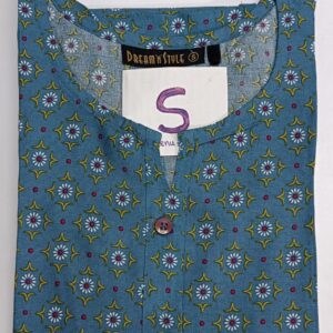 Blue Printed Rayon Kurti with floral and geometric prints, round neckline, and 3/4th sleeves.