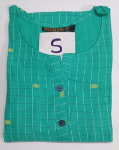 Light seal rayon sidecut kurti with grid pattern, yellow accents, round-neckline, black buttons, and 3/4thsleeves