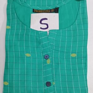 Light seal rayon sidecut kurti with grid pattern, yellow accents, round-neckline, black buttons, and 3/4thsleeves