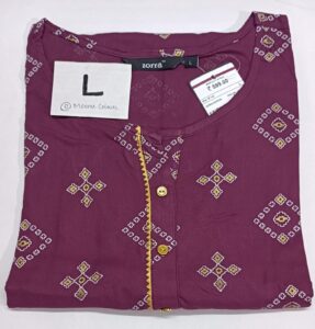 Women’s maroon kurti with zigzag trim and geometric design