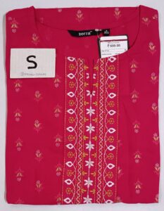 Rani pink embroidered rayon kurti with sidecut and 3/4th sleeves, size S