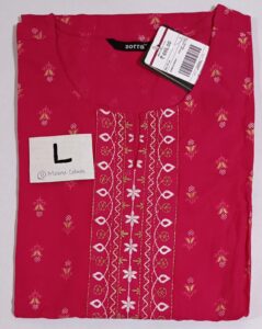 Rani pink embroidered rayon kurti with sidecut and 3/4th sleeves, size L