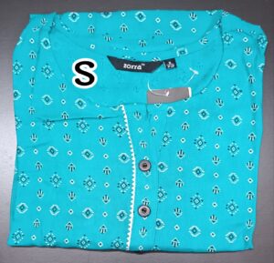 Teal rayon kurti with geometric print, zigzag button placket, 3/4th sleeves, and sidecut – Size-S